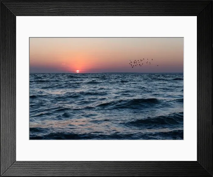 Framed Print : Sunset in the ocean with large sun dusk soft waves and red cloudy sky. Sea sunrise background. Landscape photography Framed Print : Sunset in the ocean with large sun dusk soft waves and red cloudy sky. Sea sunrise background. Landscape photography