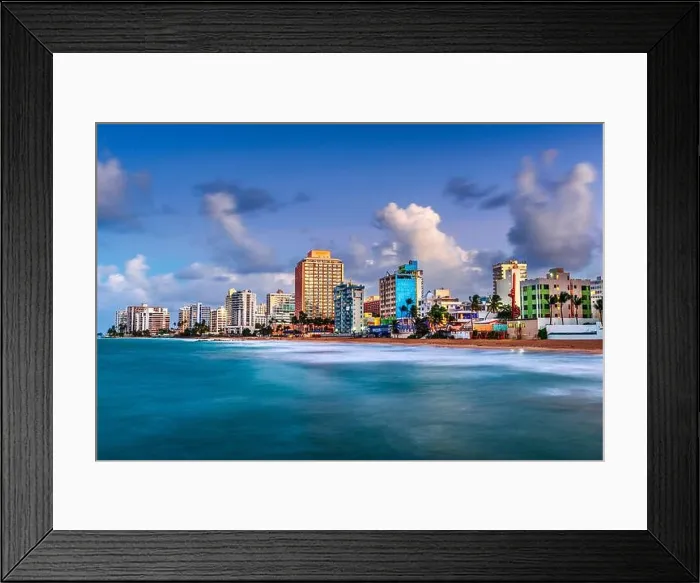 Framed Print : San Juan, Puerto Rico resort skyline on Condado Beach on dusk Framed Print : San Juan, Puerto Rico resort skyline on Condado Beach on dusk