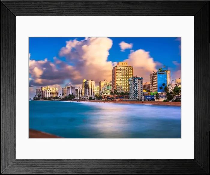 Framed Print : San Juan, Puerto Rico resort skyline on Condado Beach on dusk