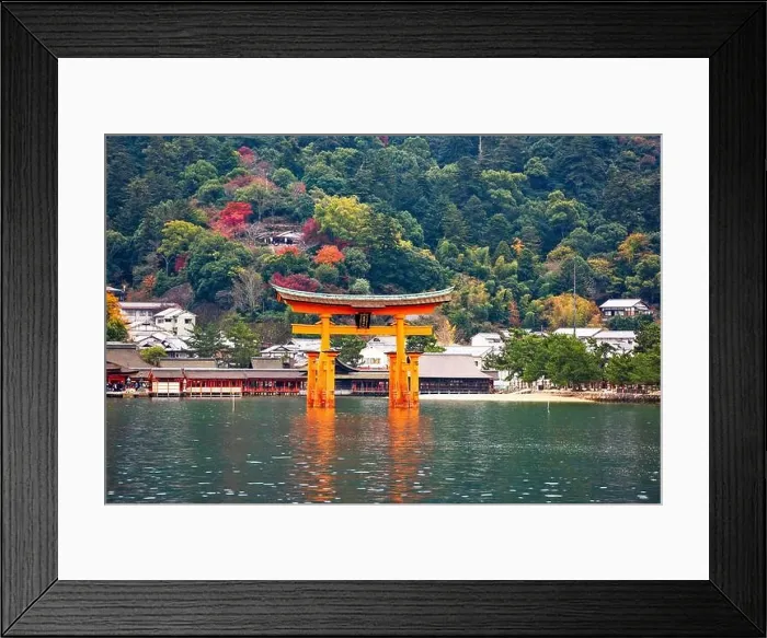 Framed Print : The Itsukushima Shrine Otorii Gate from the water at Miyajima Island, Hiroshima, Japan. (sign reads: Itsukushima Shrine) Framed Print : The Itsukushima Shrine Otorii Gate from the water at Miyajima Island, Hiroshima, Japan. (sign reads: Itsukushima Shrine)