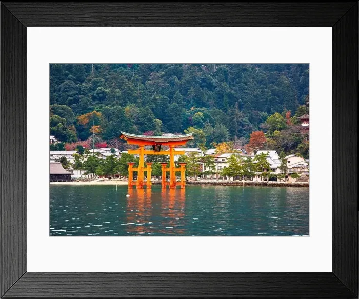 Framed Print : The Itsukushima Shrine Otorii Gate from the water at Miyajima Island, Hiroshima, Japan. (sign reads: Itsukushima Shrine) Framed Print : The Itsukushima Shrine Otorii Gate from the water at Miyajima Island, Hiroshima, Japan. (sign reads: Itsukushima Shrine)