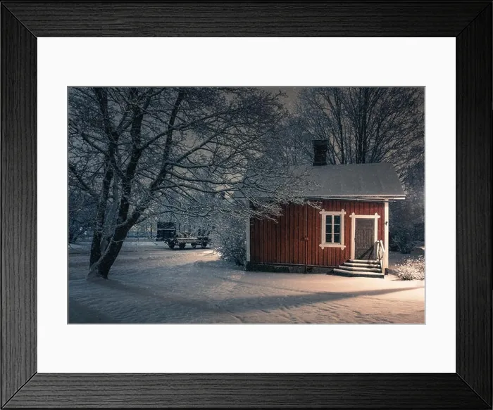 Framed Print : Public cozy old cafe place with snow mood at winter evening in Finland. Light snowflakes. This place is open only in summer time Framed Print : Public cozy old cafe place with snow mood at winter evening in Finland. Light snowflakes. This place is open only in summer time