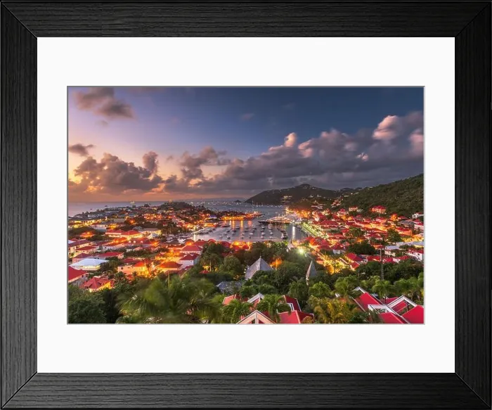Framed Print : Gustavia, Saint Barthelemy skyline and harbor in the West Indies of the Caribbean at dusk
