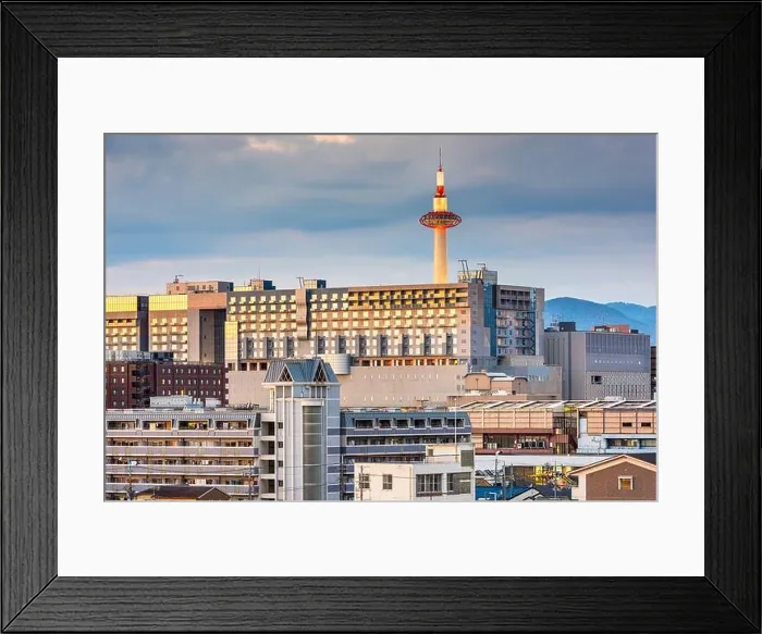 Framed Print : Kyoto, Japan downtown cityscape towards the train station and tower at dusk Framed Print : Kyoto, Japan downtown cityscape towards the train station and tower at dusk