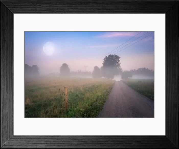 Framed Print : Beautiful summer night landscape with moon and idyllic road at countryside, Finland Framed Print : Beautiful summer night landscape with moon and idyllic road at countryside, Finland