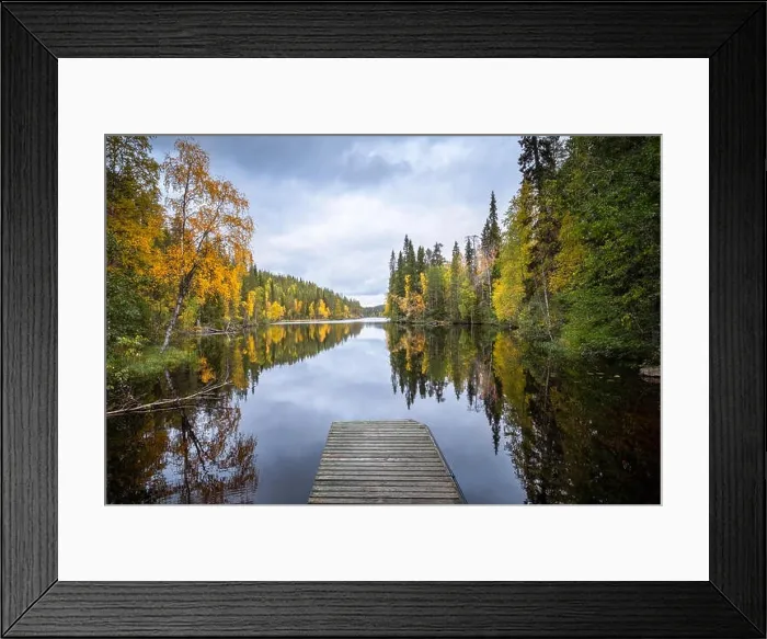 Framed Print : Autumn landscape with idyllic lake and fall colors at daytime in Hossa, National Park, Finland Framed Print : Autumn landscape with idyllic lake and fall colors at daytime in Hossa, National Park, Finland
