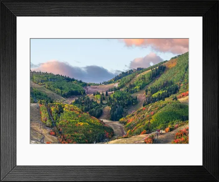 Framed Print : Park City, Utah, USA snowless ski slopes in autumn during the morning time