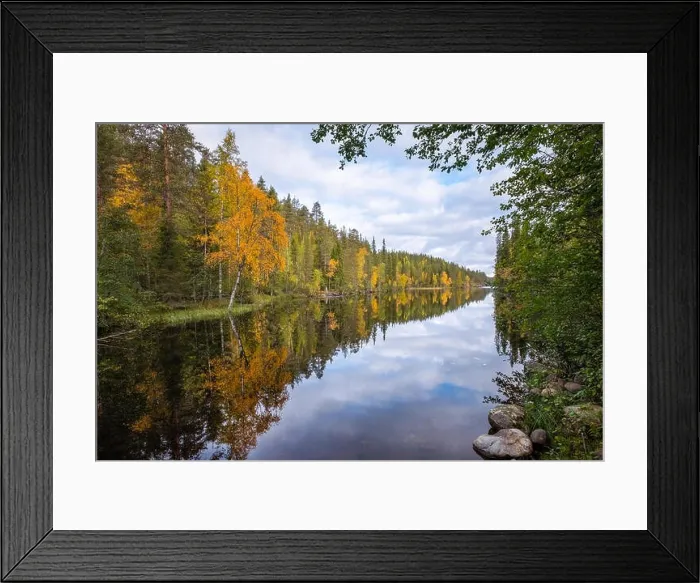 Framed Print : Autumn landscape with idyllic lake and fall colors at daytime in Hossa, National Park, Finland Framed Print : Autumn landscape with idyllic lake and fall colors at daytime in Hossa, National Park, Finland