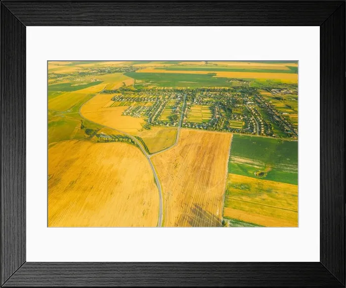 Framed Print : Aerial View Of Village And Hay Rolls, Straw Field Landscape In Summer Evening. Haystack, Hay Roll in Sunrise Time. Agricultural Countryside landscape Framed Print : Aerial View Of Village And Hay Rolls, Straw Field Landscape In Summer Evening. Haystack, Hay Roll in Sunrise Time. Agricultural Countryside landscape