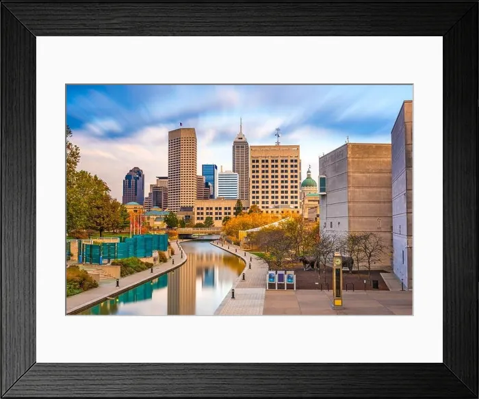 Framed Print : Indianapolis, Indiana, USA skyline and canal at dusk in autumn Framed Print : Indianapolis, Indiana, USA skyline and canal at dusk in autumn
