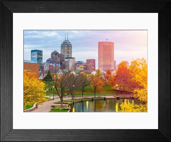 Framed Print : Indianapolis, Indiana, USA river walk and skyline at dusk in the evening