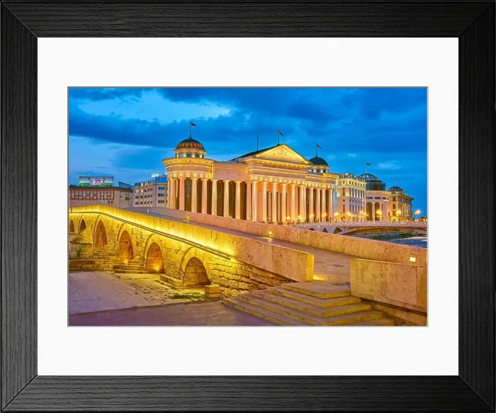 Framed Print : Stone Bridge and Archeological Museum of Macedonia at evening, Skopje, Republic of Macedonia
