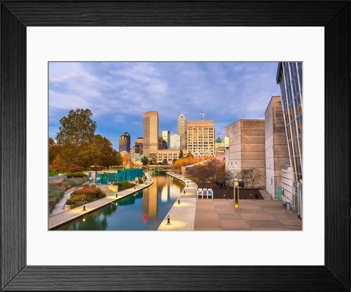 Framed Print : Indianapolis, Indiana, USA skyline and canal at dusk in autumn Framed Print : Indianapolis, Indiana, USA skyline and canal at dusk in autumn