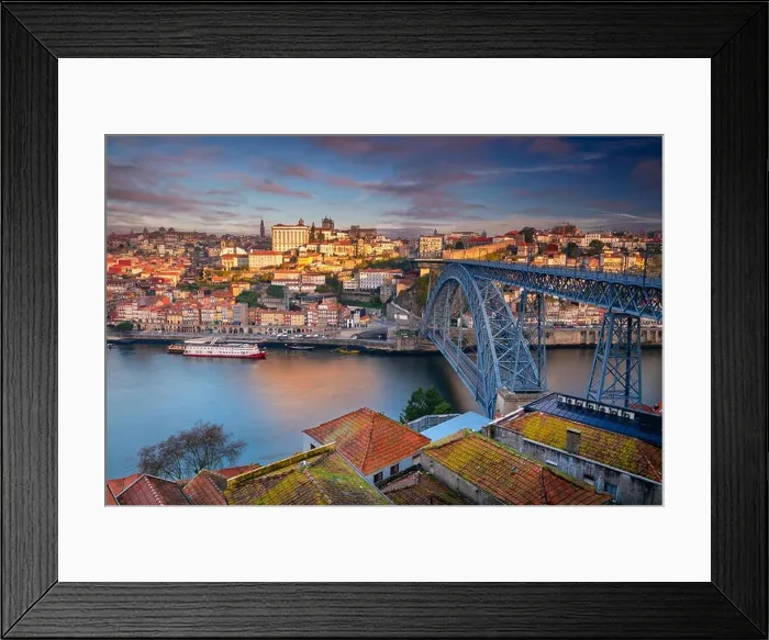 Framed Print : Porto, Portugal. Aerial cityscape image of Porto, Portugal with the Douro River and the Luis I Bridge during sunrise Framed Print : Porto, Portugal. Aerial cityscape image of Porto, Portugal with the Douro River and the Luis I Bridge during sunrise