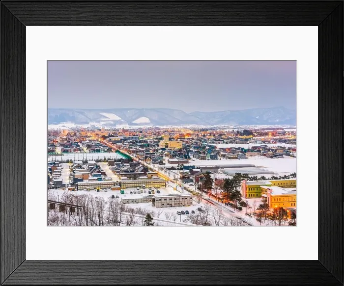 Framed Print : Furano, Hokkaido, Japan town skyline in winter at twilight Framed Print : Furano, Hokkaido, Japan town skyline in winter at twilight