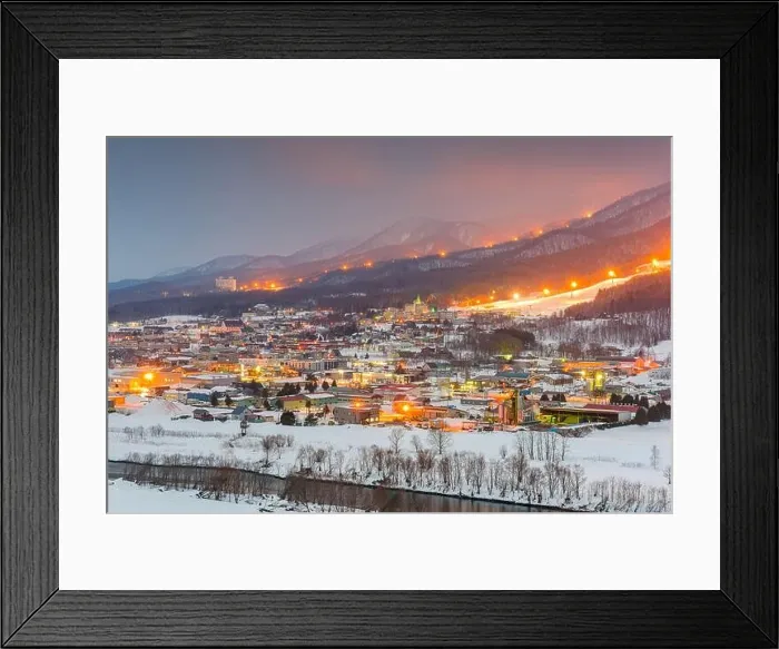 Framed Print : Furano, Hokkaido, Japan town skyline in winter at twilight Framed Print : Furano, Hokkaido, Japan town skyline in winter at twilight