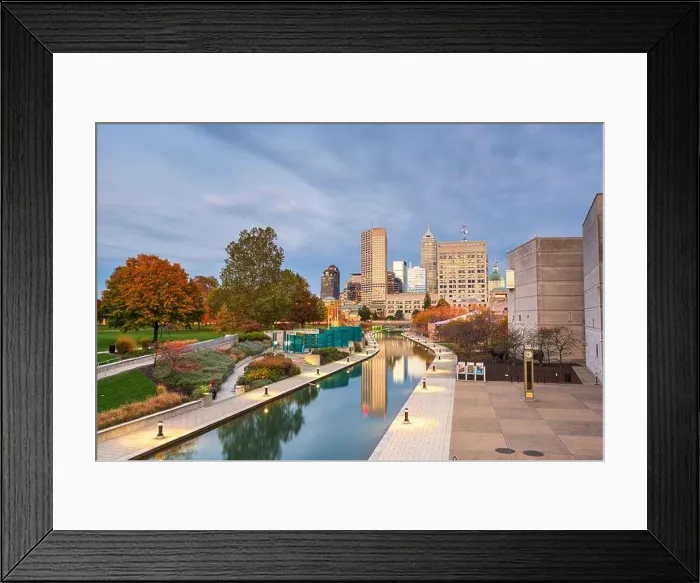Framed Print : Indianapolis, Indiana, USA skyline and canal at dusk in autumn Framed Print : Indianapolis, Indiana, USA skyline and canal at dusk in autumn