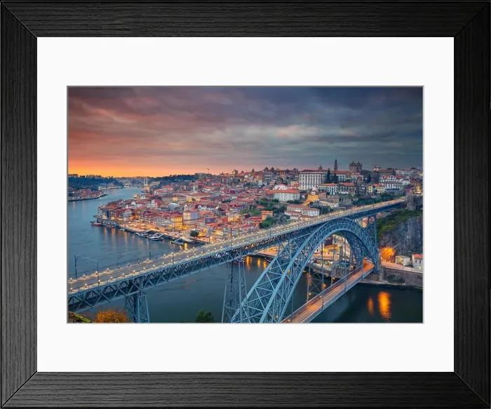 Framed Print : Porto, Portugal. Aerial cityscape image of Porto, Portugal with the famous Luis I Bridge and the Douro River during dramatic sunset Framed Print : Porto, Portugal. Aerial cityscape image of Porto, Portugal with the famous Luis I Bridge and the Douro River during dramatic sunset