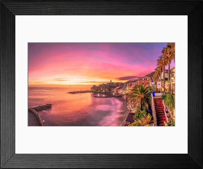 Framed Print : Bogliasco, Genoa, Italy skyline on the Mediterranean sea at sunset Framed Print : Bogliasco, Genoa, Italy skyline on the Mediterranean sea at sunset