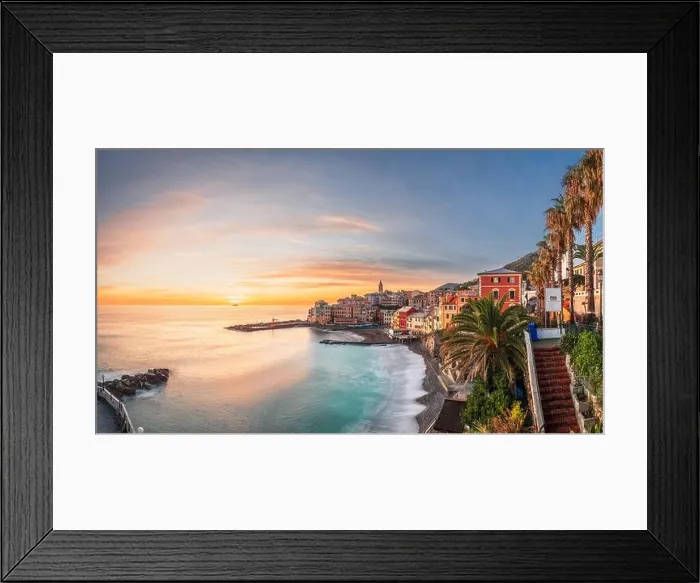 Framed Print : Bogliasco, Genoa, Italy skyline on the Mediterranean sea at sunset Framed Print : Bogliasco, Genoa, Italy skyline on the Mediterranean sea at sunset
