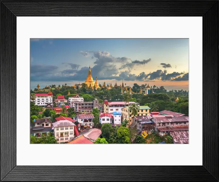 Framed Print : Yangon, Myanmar skyline with Shwedagon Pagoda at dusk Framed Print : Yangon, Myanmar skyline with Shwedagon Pagoda at dusk