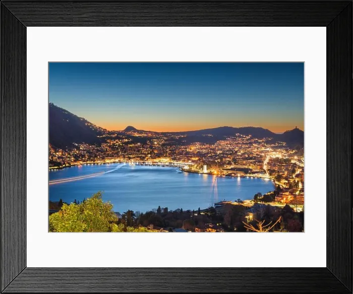 Framed Print : Como, Italy cityscape from above at dawn