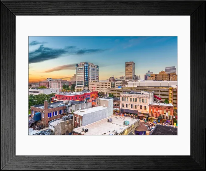 Framed Print : Memphis, Tennessee, USA downtown city skyline over Beale Street after sunset Framed Print : Memphis, Tennessee, USA downtown city skyline over Beale Street after sunset