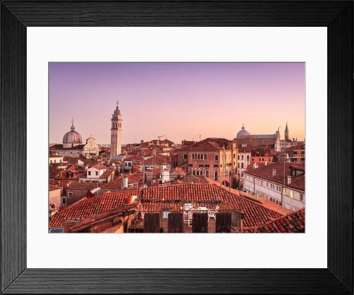 Framed Print : Venice, Italy rooftop skyline and historic landmarks at dusk