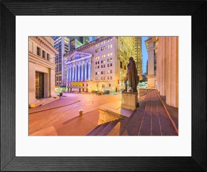 Framed Print : New York City in the Financial District on Wall Street at night Framed Print : New York City in the Financial District on Wall Street at night