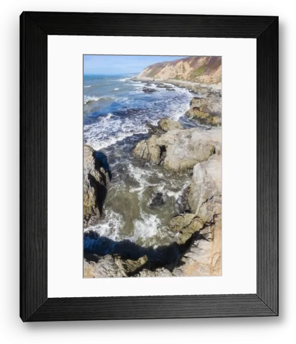 Framed Print : The Pacific Ocean crashes against the rugged and scenic seashore of Northern California. This region is known for its amazing coastal landscapes Framed Print : The Pacific Ocean crashes against the rugged and scenic seashore of Northern California. This region is known for its amazing coastal landscapes