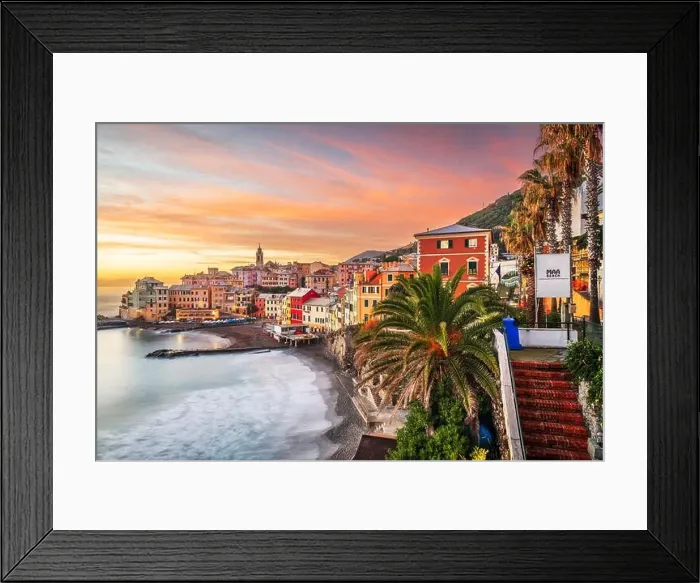Framed Print : Bogliasco, Genoa, Italy skyline on the Mediterranean sea at sunset Framed Print : Bogliasco, Genoa, Italy skyline on the Mediterranean sea at sunset