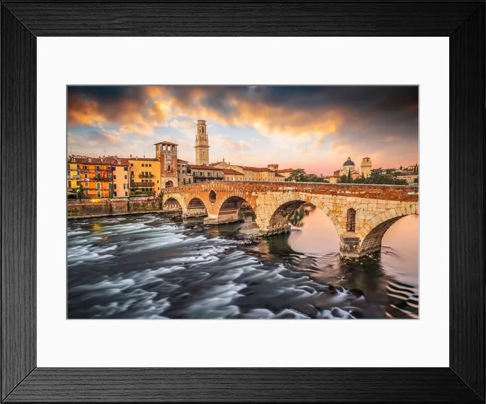 Framed Print : Verona, Italy Town Skyline on the Adige River with Ponte Pietra at dawn Framed Print : Verona, Italy Town Skyline on the Adige River with Ponte Pietra at dawn
