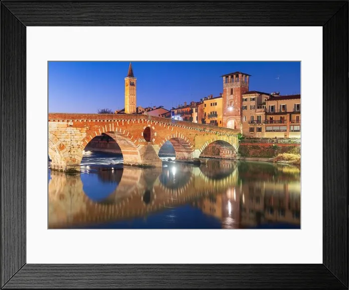 Framed Print : Verona, Italy Town Skyline on the Adige River with Ponte Pietra at night Framed Print : Verona, Italy Town Skyline on the Adige River with Ponte Pietra at night