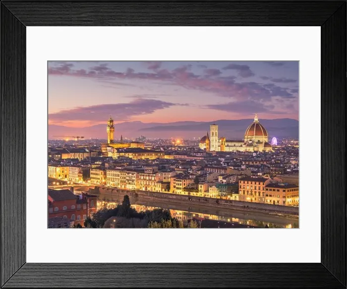 Framed Print : Florence, Italy skyline with landmark buildings at dusk over the Arno River