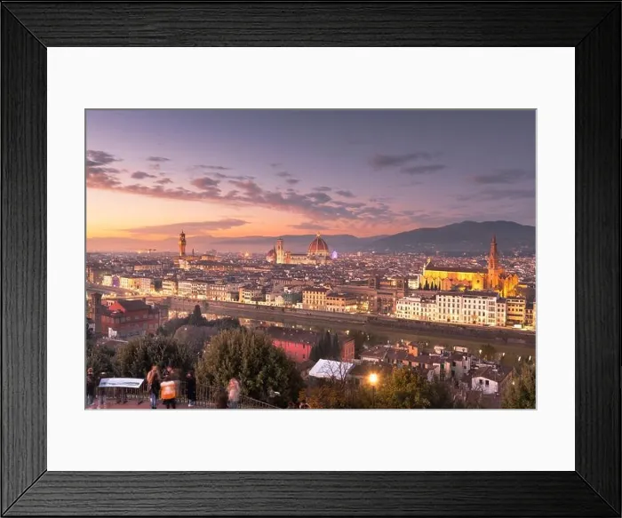 Framed Print : Florence, Italy skyline with landmark buildings at dusk over the Arno River Framed Print : Florence, Italy skyline with landmark buildings at dusk over the Arno River
