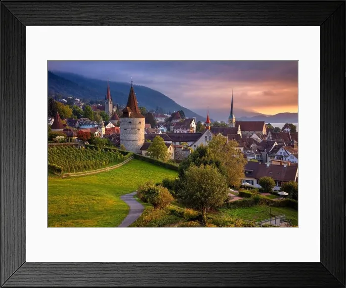 Framed Print : Zug, Switzerland. Cityscape image of Zug at beautiful autumn sunset Framed Print : Zug, Switzerland. Cityscape image of Zug at beautiful autumn sunset