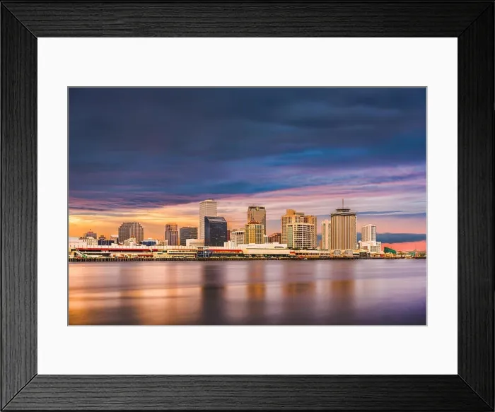 Framed Print : New Orleans, Louisiana, USA downtown city skyline on the Mississippi River at sunset