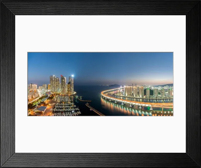 Framed Print : Panorama of Busan city skyline view at Haeundae district, Gwangalli Beach with yacht pier at Busan, South Korea Framed Print : Panorama of Busan city skyline view at Haeundae district, Gwangalli Beach with yacht pier at Busan, South Korea