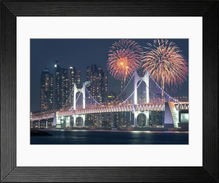 Framed Print : New Year Fireworks show at Gwangan Bridge with Busan city in background at Busan, South Korea Framed Print : New Year Fireworks show at Gwangan Bridge with Busan city in background at Busan, South Korea