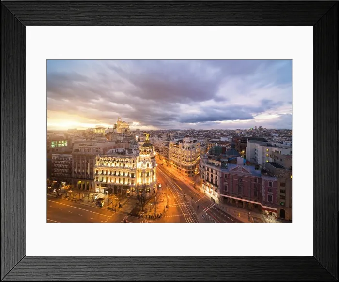Framed Print : Car and traffic lights on Gran via street, main shopping street in Madrid at night. Spain, Europe. Lanmark in Madrid, Spain Framed Print : Car and traffic lights on Gran via street, main shopping street in Madrid at night. Spain, Europe. Lanmark in Madrid, Spain