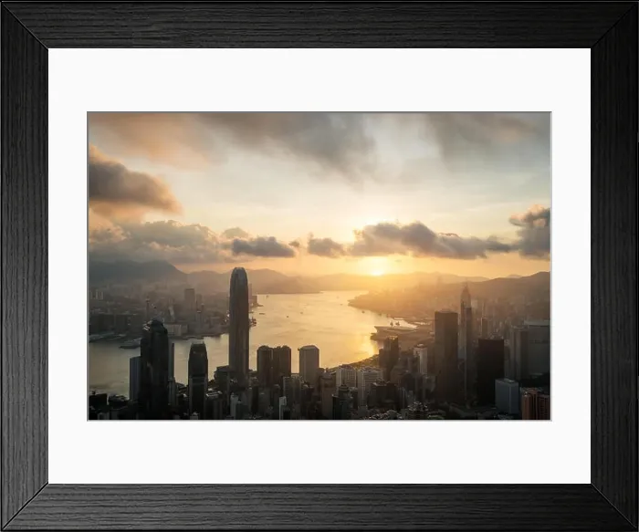 Framed Print : Sunrise over Hong Kong Victoria Harbor from Victoria Peak with Hong Kong and Kowloon below Framed Print : Sunrise over Hong Kong Victoria Harbor from Victoria Peak with Hong Kong and Kowloon below