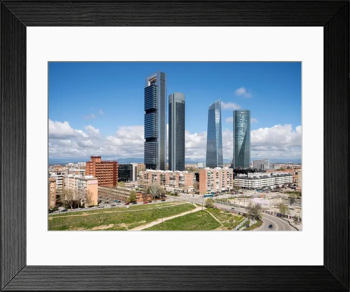 Framed Print : Madrid cityscape at daytime. Landscape of Madrid business building at Four Tower. Modern high building in business district area at Spain Framed Print : Madrid cityscape at daytime. Landscape of Madrid business building at Four Tower. Modern high building in business district area at Spain