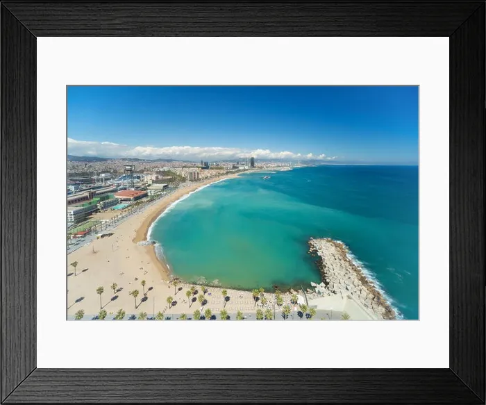 Framed Print : Aerial view of Barcelona Beach in summer day along seaside in Barcelona, Spain. Mediterranean Sea in Spain Framed Print : Aerial view of Barcelona Beach in summer day along seaside in Barcelona, Spain. Mediterranean Sea in Spain