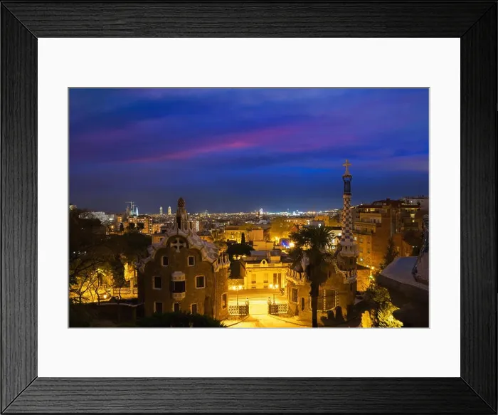 Framed Print : Park Guell in Barcelona, Spain at night. Barcelona skyline Framed Print : Park Guell in Barcelona, Spain at night. Barcelona skyline