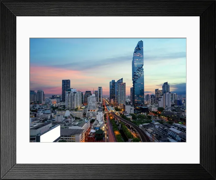 Framed Print : Bangkok Transportation at Dusk with Modern Business Building from top view in Bangkok, Thailand Framed Print : Bangkok Transportation at Dusk with Modern Business Building from top view in Bangkok, Thailand