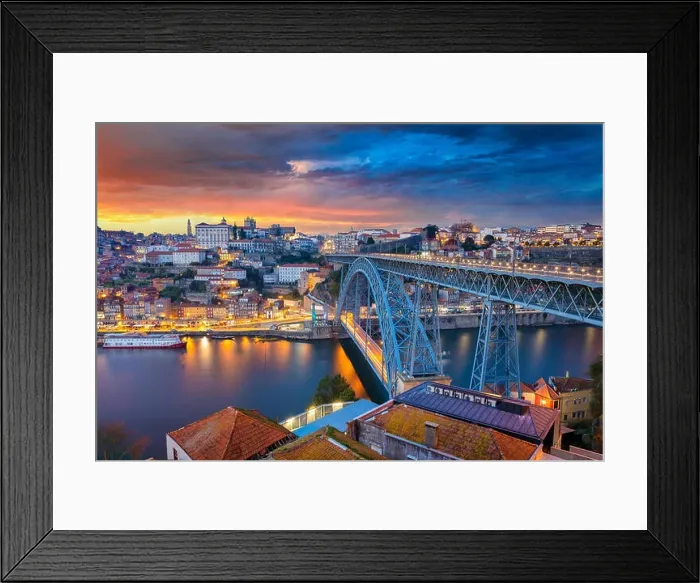 Framed Print : Porto, Portugal. Cityscape image of Porto, Portugal with the famous Luis I Bridge and the Douro River during dramatic sunset Framed Print : Porto, Portugal. Cityscape image of Porto, Portugal with the famous Luis I Bridge and the Douro River during dramatic sunset