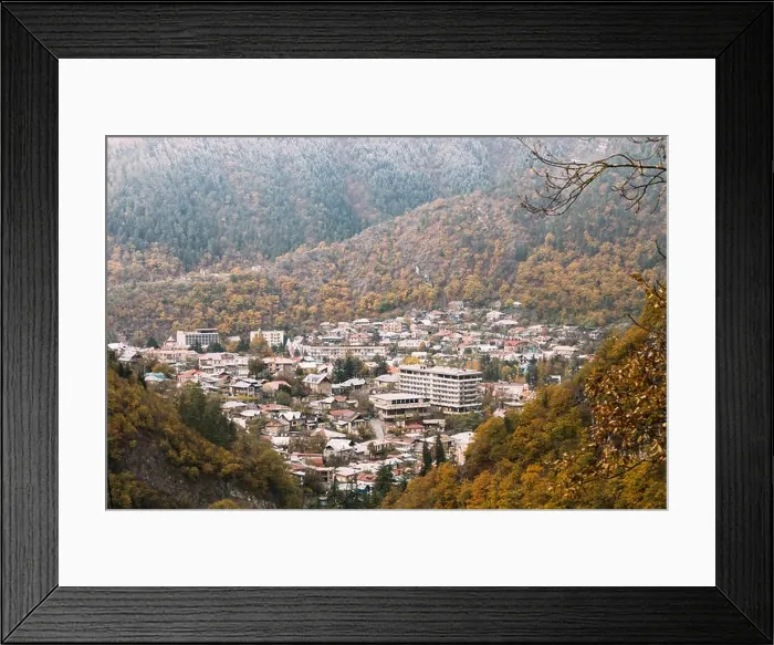 Framed Print : Borjomi, Samtskhe-Javakheti, Georgia - Aerial View Cityscape Of Borjomi Resort City Autumn October Day. Borjomi Is A Resort Town In South-central Geo Framed Print : Borjomi, Samtskhe-Javakheti, Georgia - Aerial View Cityscape Of Borjomi Resort City Autumn October Day. Borjomi Is A Resort Town In South-central Geo
