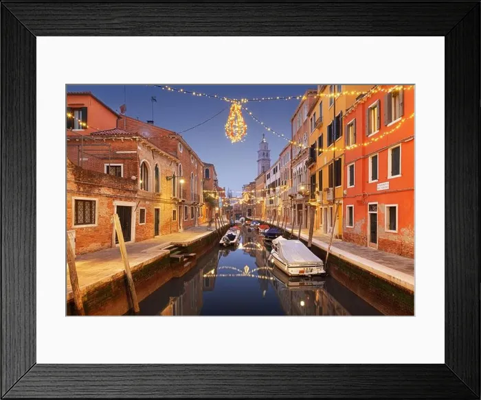 Framed Print : Venice, Italy cityscape over canals at twilight with Christmas lights Framed Print : Venice, Italy cityscape over canals at twilight with Christmas lights