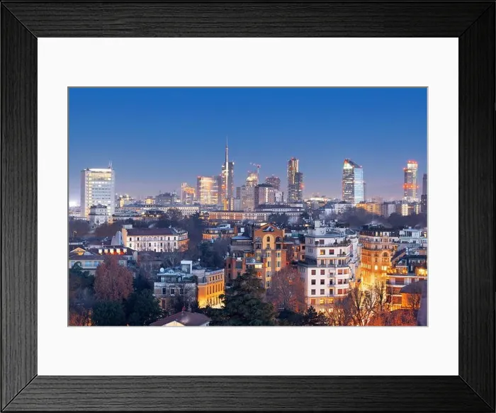 Framed Print : Milan, Italy financial district skyline over residential apartments at dusk Framed Print : Milan, Italy financial district skyline over residential apartments at dusk