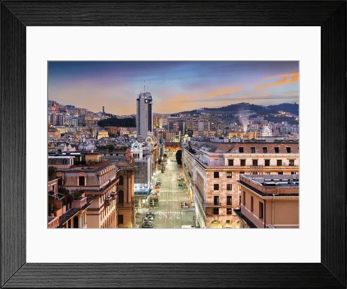Framed Print : Genoa, Italy cityscape at dusk over Brigata Liguria Street Framed Print : Genoa, Italy cityscape at dusk over Brigata Liguria Street